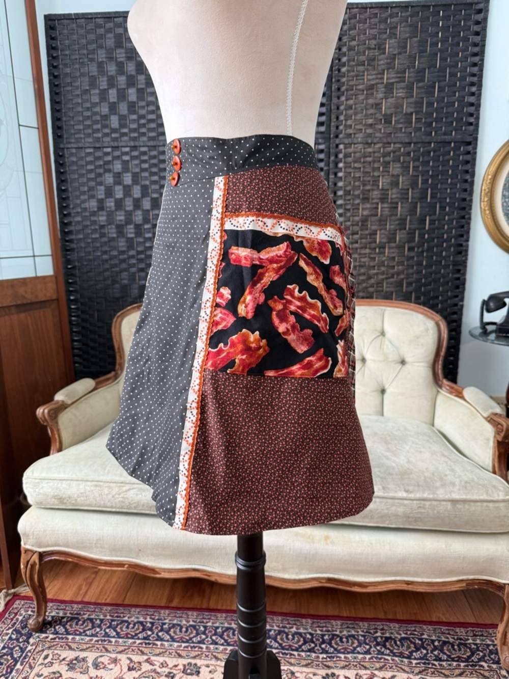 🥓 Bacon Handmade Patchwork Apron Skirt Pockets Tie-On Lined Retro Kitchencore 🥓 - Picture 5 of 8